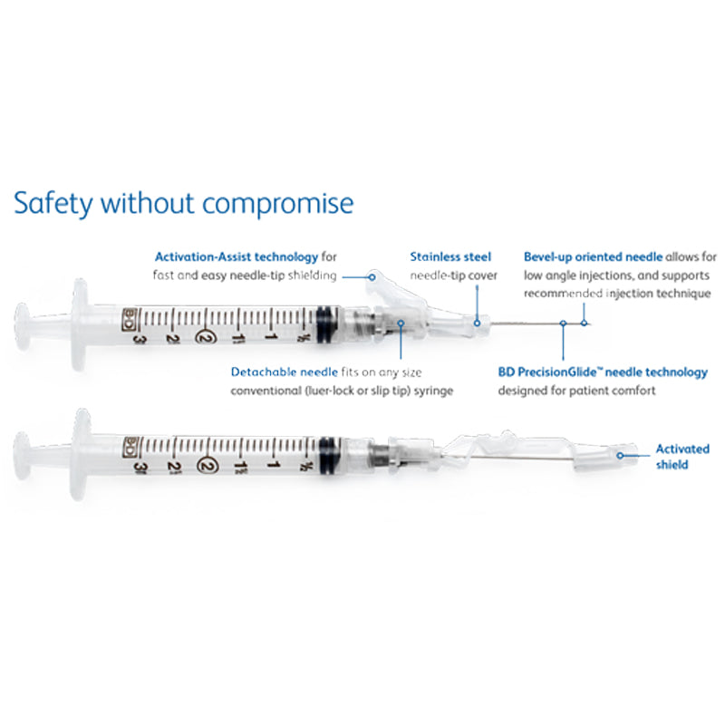 BD 23g x 1 inch SafetyGlide with 3mL Luer-lok Syringe, 50/box