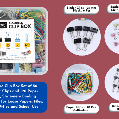 BRUSTRO Assorted Clip Box | Includes 120 Paper Clips-28mm & 56 Binder Clips (25mm- 6 pcs| 19mm- 15 pcs| 15mm- 35pcs) | Home, Office, Stationery use, Ideal for Students and Adults, Reusable, Flexible