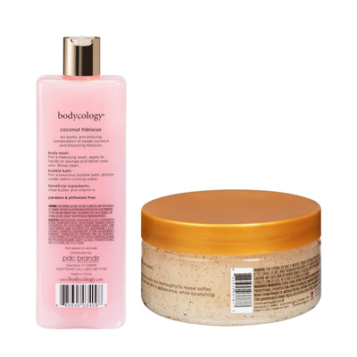 Bodycology Coconut Hibiscus Body Wash & Sugar Scrub | Exfoliate, Cleanse,Moisturise & Removes Dead Skin | For Dull & Dehydrated Skin | Paraben & Phthalete Free, Cruelty Free - Combo of 2