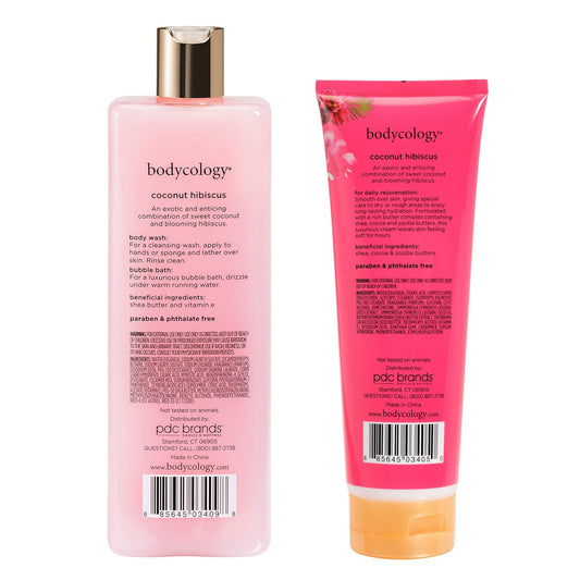 Bodycology Coconut Hibiscus Body Wash & Body Cream |Cleanse, Hydrates, Moisturizes & Lightweight | For Dehydrated, Dull & Dry Skin | Paraben & Phthalete Free, Cruelty Free - Combo of 2