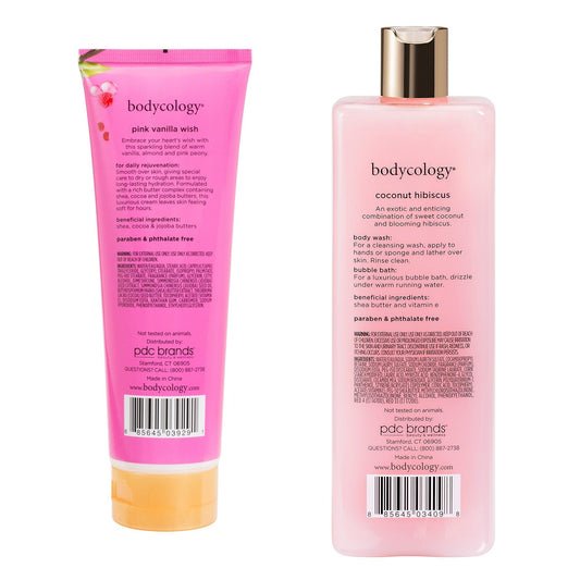 Bodycology Pink Vanilla Wish Body Cream & Coconut Hibiscus Body wash | Paraben & Phthalete Free, Cruelty Free - Combo of 2