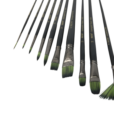 Brustro Artists Greengold Acrylic Brushes Assorted Set of 10. (Comes in an Elegant Black Zippered Wallet)