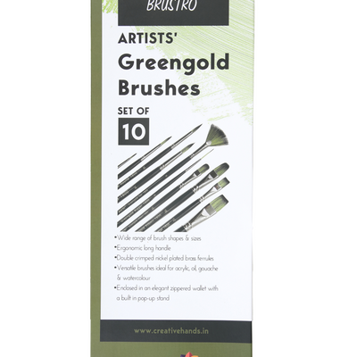 Brustro Artists Greengold Acrylic Brushes Assorted Set of 10. (Comes in an Elegant Black Zippered Wallet)