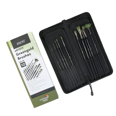 Brustro Artists Greengold Acrylic Brushes Assorted Set of 10. (Comes in an Elegant Black Zippered Wallet)