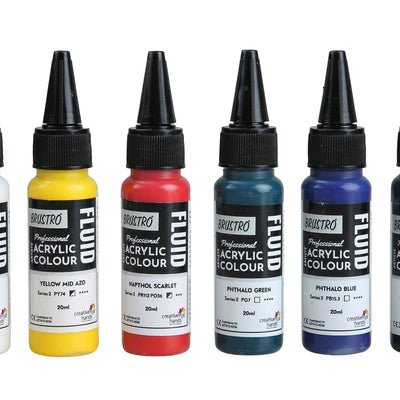 Brustro Professional Artists Fluid Acrylic 20 ml Primary Colours Pack of 5 + 1 Free (Titanium White, Yellow Mid AZO, Napthol Scarlet, Phthalo Blue, Phthalo Green and Carbon Black)