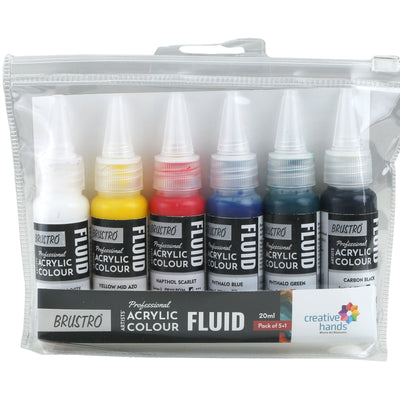 Brustro Professional Artists ’ Fluid Acrylic 20 ml Pack of 5 + 1 Free (Titanium White, Yellow Mid AZO, Napthol Scarlet, Phthalo Blue, Phthalo Green and Carbon Black) with Pouring Medium 200 ml
