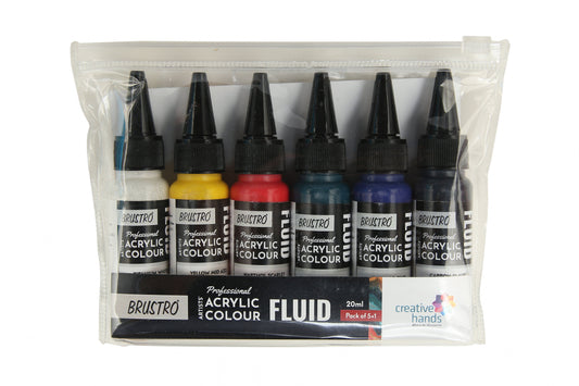 Brustro Professional Artists Fluid Acrylic 20 ml Primary Colours Pack of 5 + 1 Free (Titanium White, Yellow Mid AZO, Napthol Scarlet, Phthalo Blue, Phthalo Green and Carbon Black)