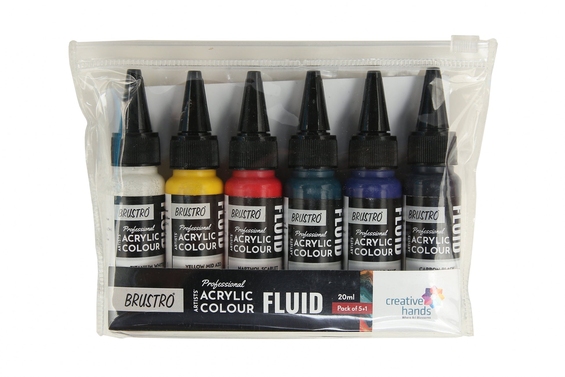 Brustro Professional Artists ’ Fluid Acrylic 20 ml Pack of 5 + 1 Free (Titanium White, Yellow Mid AZO, Napthol Scarlet, Phthalo Blue, Phthalo Green and Carbon Black) with Pouring Medium 200 ml