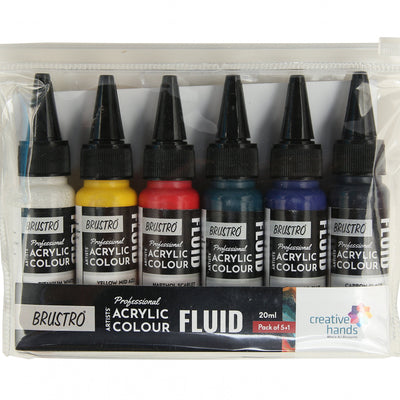 Brustro Professional Artists ’ Fluid Acrylic 20 ml Tropical Paradise Set of 6 (Yellow LightHansa,Chromium Green Oxide,Yellow Green,Brill Aliz,Napthol Crimson,Perm Orange) with Pouring Medium 200 ml
