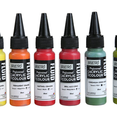 Brustro Professional Artists’ Fluid Acrylic 20 ml Tropical Paradise (Pack of 6) (Yellow Light Hansa, Chromium Green Oxide, Yellow Green, Brill Aliz, Napthol Crimson, Permanent Orange)