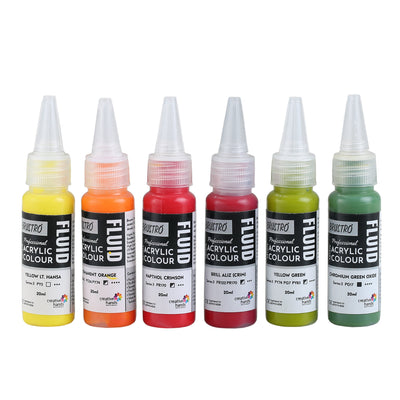 Brustro Professional Artists ’ Fluid Acrylic 20 ml Tropical Paradise Set of 6 (Yellow LightHansa,Chromium Green Oxide,Yellow Green,Brill Aliz,Napthol Crimson,Perm Orange) with Pouring Medium 200 ml