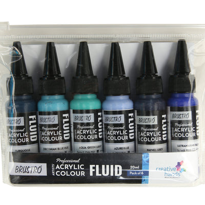 Brustro Professional Artists’ Fluid Acrylic 20 ml Beyond The Blues (Pack of 6) (Turquoise, Ultramarine Blue, Zirconian Blue Hue, Paynes Grey, Aqua Green Light, Azure Blue)