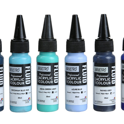 Brustro Professional Artists’ Fluid Acrylic 20 ml Beyond The Blues (Pack of 6) (Turquoise, Ultramarine Blue, Zirconian Blue Hue, Paynes Grey, Aqua Green Light, Azure Blue)