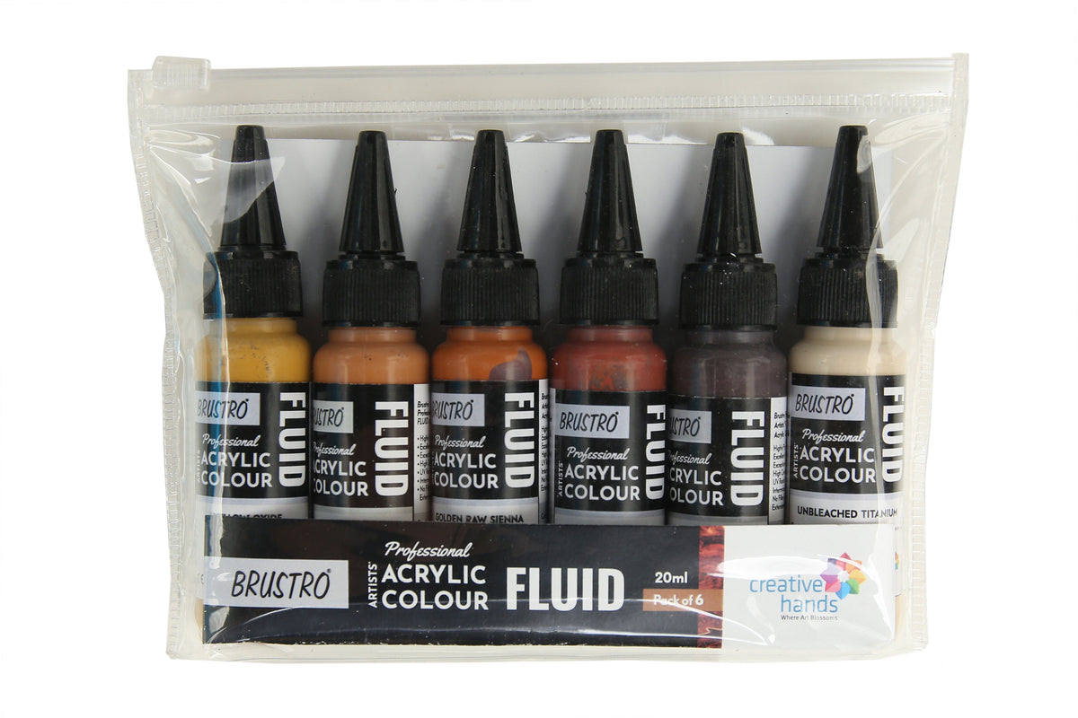 Brustro Professional Artists’ Fluid Acrylic 20 ml Down to Earth Pack of 6 (Burnt Sienna, Burnt Umber, Yellow Oxide, Raw Sienna, Unbleached Titanium, Golden Raw Sienna)
