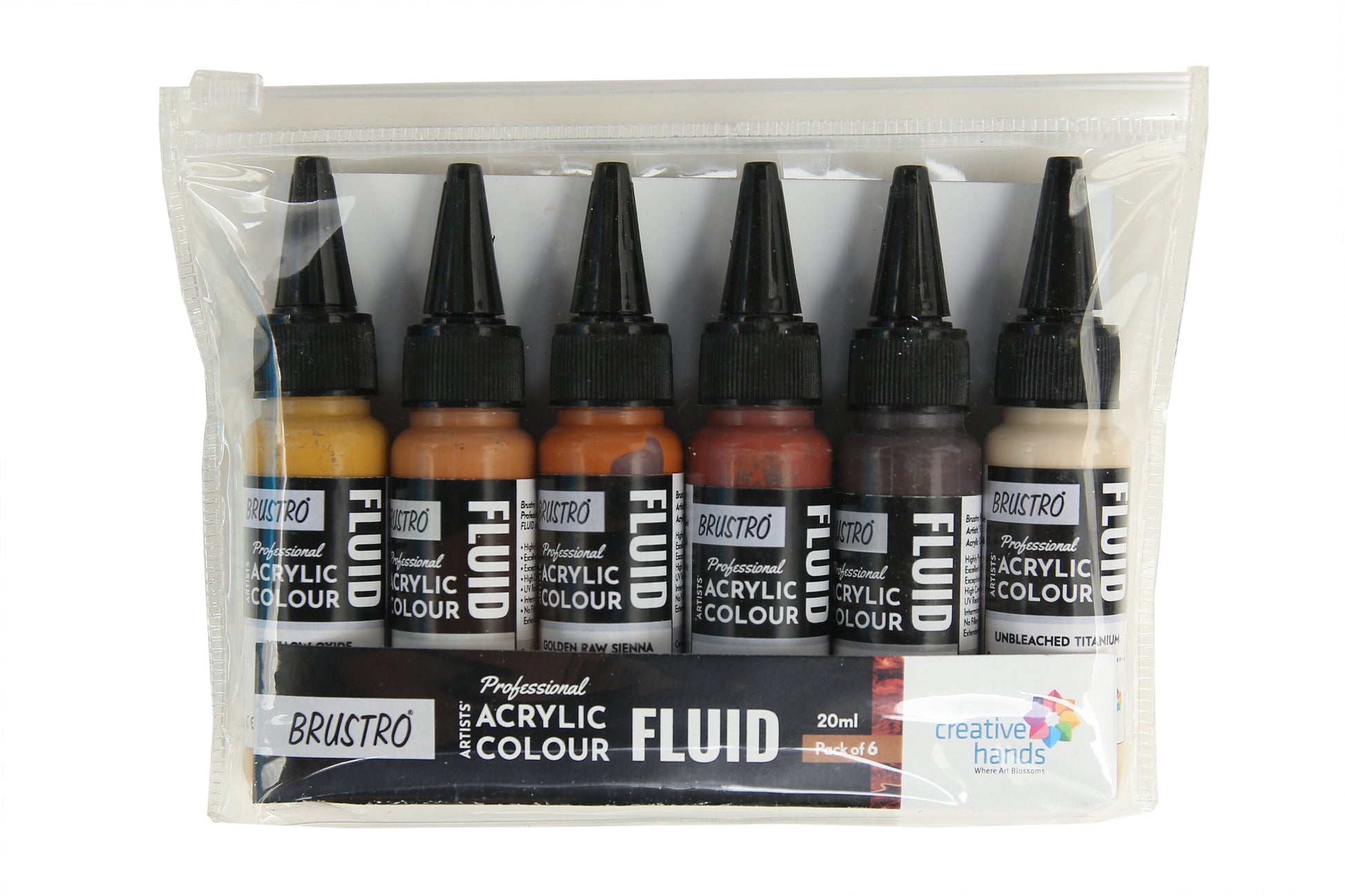 Brustro Professional Artists Fluid Acrylic 20 ml Down to Earth Set of 6 (Burnt Sienna, Burnt Umber, Yellow Oxide, Raw Sienna, Unbleached Titanium, Golden Raw Sienna) with Pouring Medium 200 ml