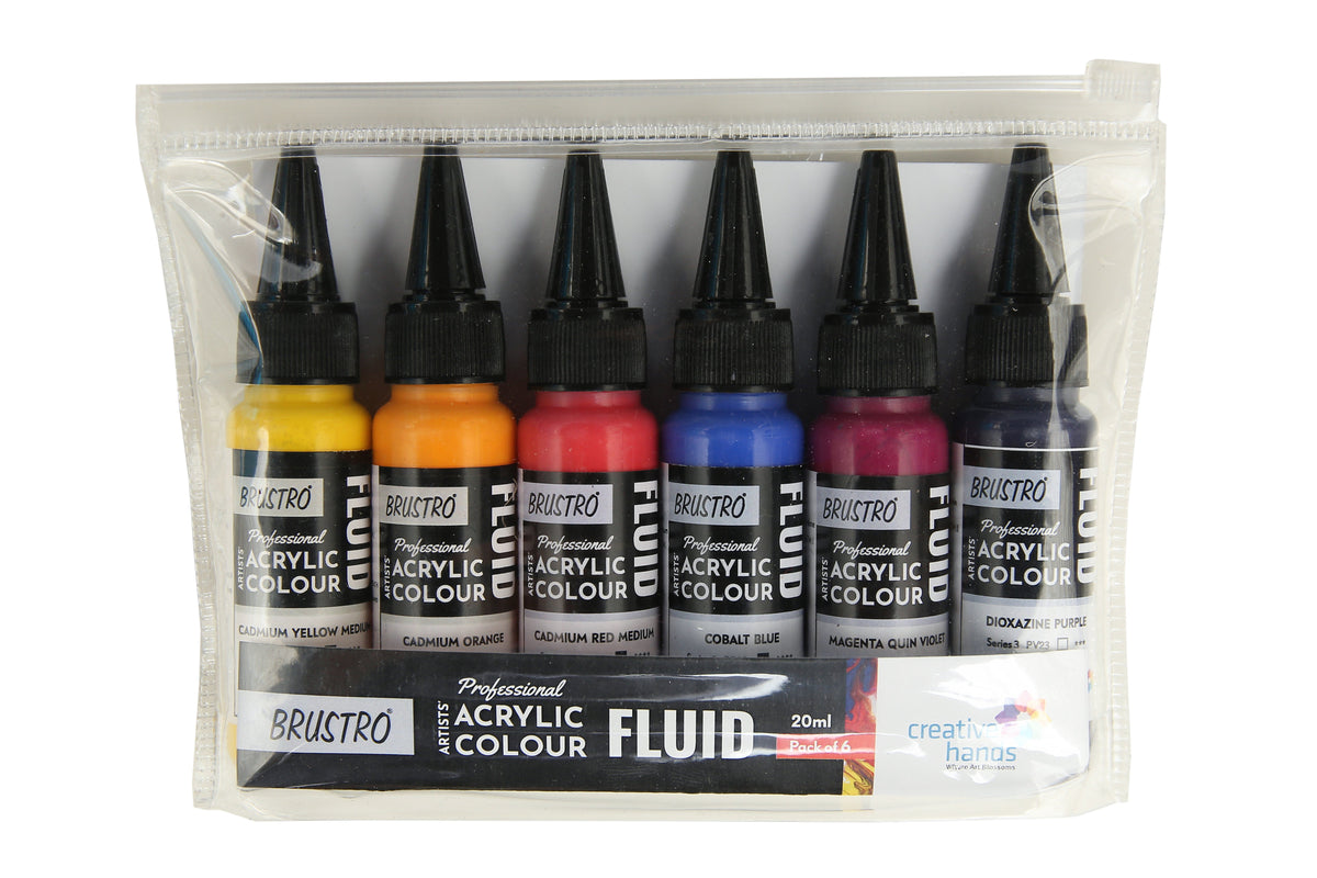 Brustro Professional Artists ’ Fluid Acrylic 20 ml High Chroma Set of 6 (Cad Orange,Cad Yellow Medium,Cad Red Medium,Cobalt Blue,Dioxazine Purple,Magenta Quinh Violet) with Pouring Medium 200 ml