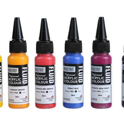 Brustro Professional Artists’ Fluid Acrylic 20 ml High Chroma (Pack of 6) (Cadmium Orange, Cadmium Yellow Medium, Cadmium Red Medium, Cobalt Blue, Dioxazine Purple, Magenta Quinh Violet, 20 ml)