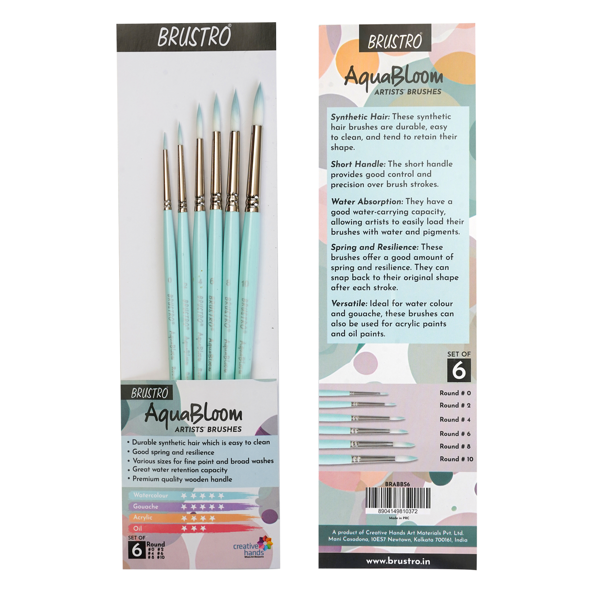BRUSTRO AquaBloom Artist's Paint Brushes | Round | Set of 6 - Sizes (0, 2, 4, 6, 8, 10) | Wooden Handle, Comfortable Grip, Synthetic Bristles, Ideal for Watercolour, Gouache, Painting.