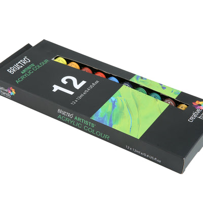 BRUSTRO Artist's Acrylic Colour | Set of 12 Colours X 12ml Tubes | Highly pigmented, Intermixable, Perfect for Canvas, Art, Rock Painting, Professionals and Artists