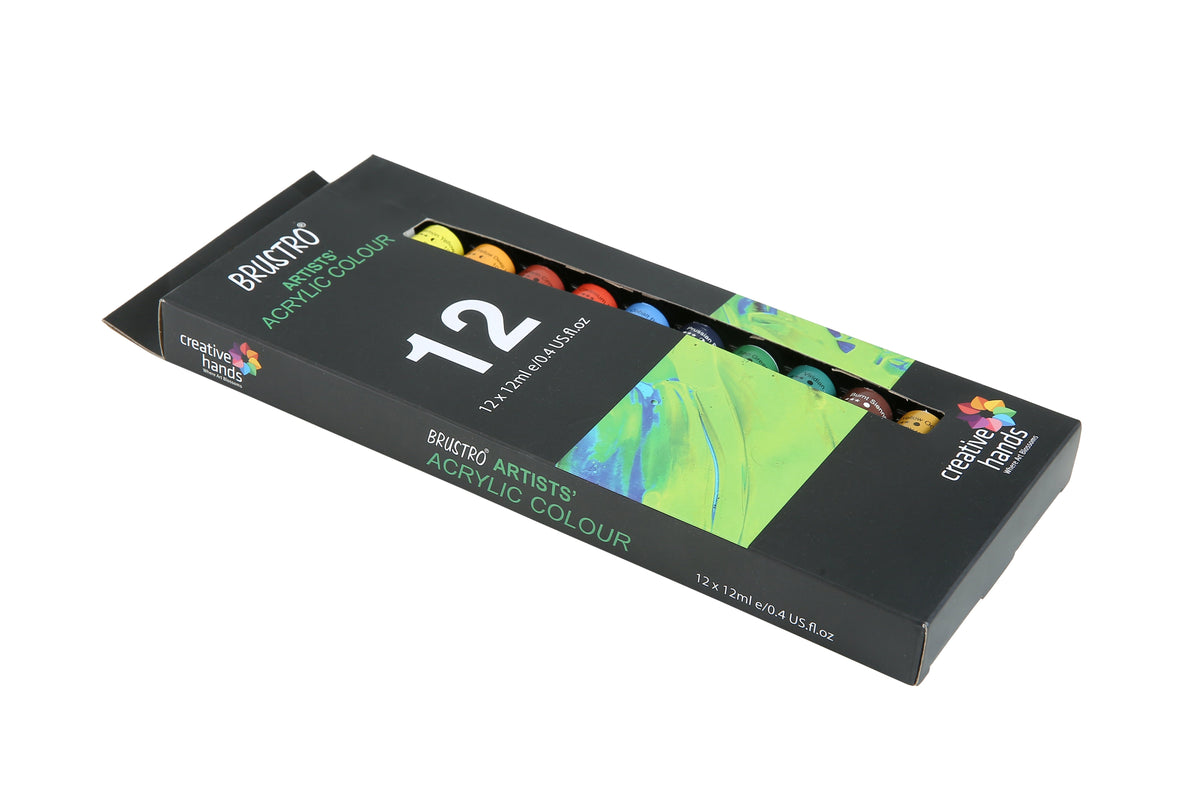 BRUSTRO Artist's Acrylic Colour | Set of 12 Colours X 12ml Tubes | Highly pigmented, Intermixable, Perfect for Canvas, Art, Rock Painting, Professionals and Artists