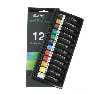 BRUSTRO Artist's Acrylic Colour | Set of 12 Colours X 12ml Tubes | Highly pigmented, Intermixable, Perfect for Canvas, Art, Rock Painting, Professionals and Artists