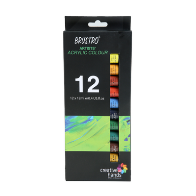 BRUSTRO Artist's Acrylic Colour | Set of 12 Colours X 12ml Tubes | Highly pigmented, Intermixable, Perfect for Canvas, Art, Rock Painting, Professionals and Artists