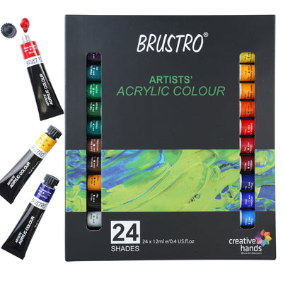 BRUSTRO Acrylic Paint colour set | Set of 24 Colours X 12ml Tubes | Highly pigmented, Intermixable, Perfect For Students, Adults, Beginners, Professionals and Artists