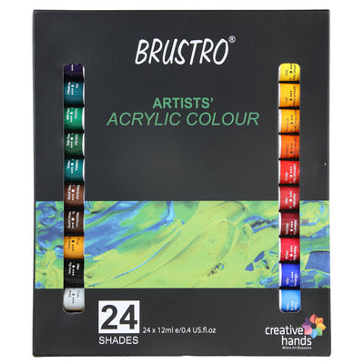 BRUSTRO Acrylic Paint colour set | Set of 24 Colours X 12ml Tubes | Highly pigmented, Intermixable, Perfect For Students, Adults, Beginners, Professionals and Artists