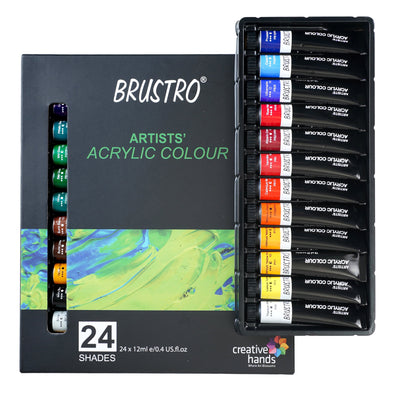 BRUSTRO Artists ’ Acrylic Colour Set of 24 Colours X 12ML Tubes with Artists Acrylic Glued Pad 400 GSM, A4-12 Sheets