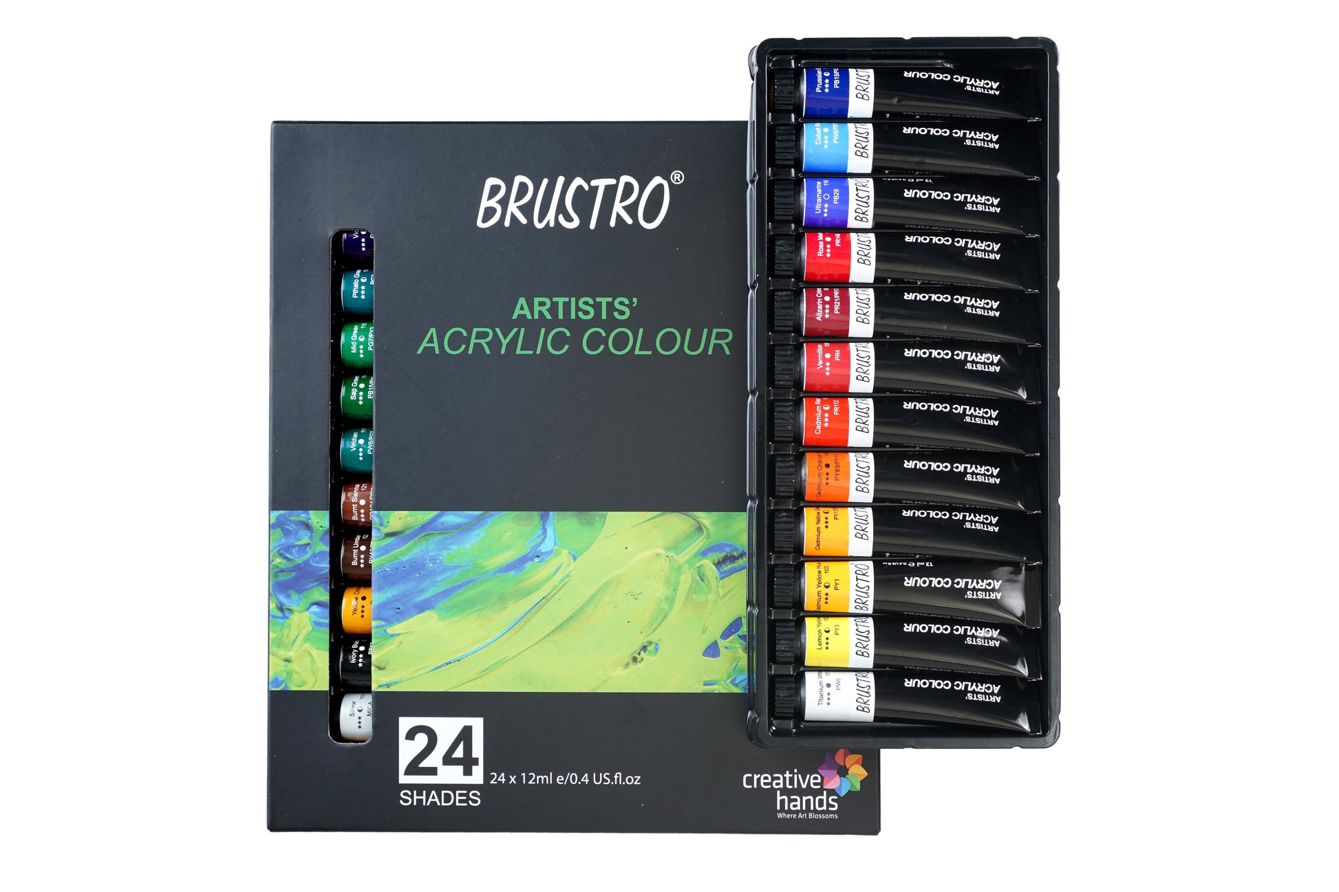 BRUSTRO Artists ’ Acrylic Colour Set of 24 Colours X 12ML Tubes with Artists Acrylic Glued Pad 400 GSM, A4-12 Sheets