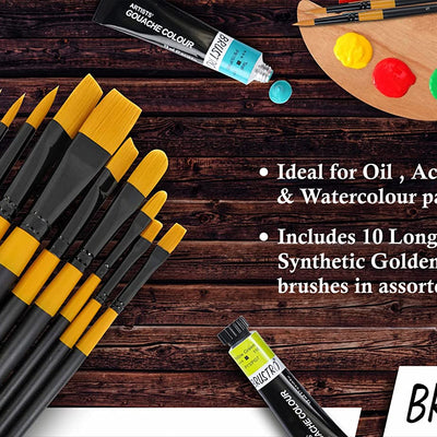 BRUSTRO Artists ’ Acrylic Colour Set of 12 Colours X 12ML Tubes with Gold Taklon Brush Set of 10 and 5 Canvas Boards (4x6, 6x8, 8x10, 10x12, 10x14)
