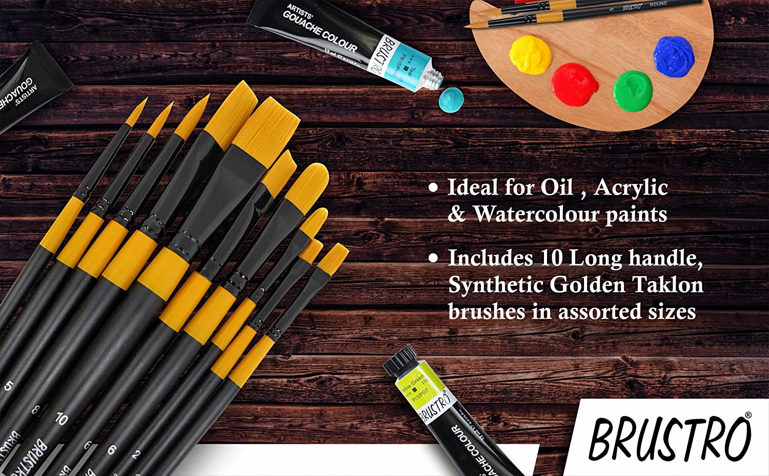 BRUSTRO Artists ’ Acrylic Colour Set of 12 Colours X 12ML Tubes with Gold Taklon Brush Set of 10 and 5 Canvas Boards (4x6, 6x8, 8x10, 10x12, 10x14)