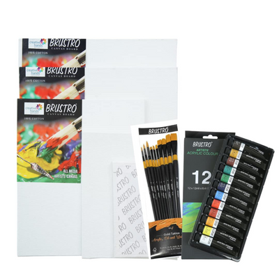 BRUSTRO Artists ’ Acrylic Colour Set of 12 Colours X 12ML Tubes with Gold Taklon Brush Set of 10 and 5 Canvas Boards (4x6, 6x8, 8x10, 10x12, 10x14)