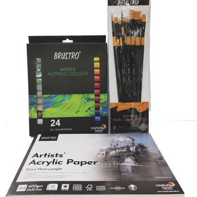 BRUSTRO Artists ’ Acrylic Colour Set of 24 Colours X 12ML Tubes with Glued Pad 400 GSM, A4-12 Sheets and Gold TAKLON Set of 10 Brushes
