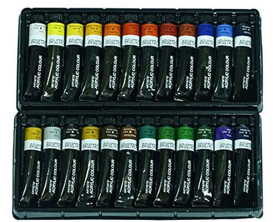 BRUSTRO Artists ’ Acrylic Colour Set of 24 Colours X 12ML Tubes with Glued Pad 400 GSM, A4-12 Sheets and Gold TAKLON Set of 10 Brushes