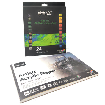 BRUSTRO Artists ’ Acrylic Colour Set of 24 Colours X 12ML Tubes with Artists Acrylic Glued Pad 400 GSM, A4-12 Sheets