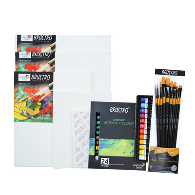 BRUSTRO Artists ’ Acrylic Colour Set of 24 with Gold Taklon Brush Set of 10 and 5 Canvas Boards (4x6, 6x8, 8x10, 10x12, 10x14)
