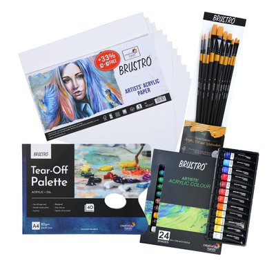 BRUSTRO Artists ’ Acrylic Colour Set of 24 with Gold Taklon Brush Set of 10, Acrylic Paper 400 GSM A4-12 Sheets and an A4 Size Tear Off Paper Palette.