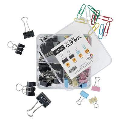 BRUSTRO Assorted Clip Box | Includes 120 Paper Clips-28mm & 56 Binder Clips (25mm- 6 pcs| 19mm- 15 pcs| 15mm- 35pcs) | Home, Office, Stationery use, Ideal for Students and Adults, Reusable, Flexible