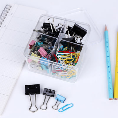 BRUSTRO Assorted Clip Box | Includes 120 Paper Clips-28mm & 56 Binder Clips (25mm- 6 pcs| 19mm- 15 pcs| 15mm- 35pcs) | Home, Office, Stationery use, Ideal for Students and Adults, Reusable, Flexible