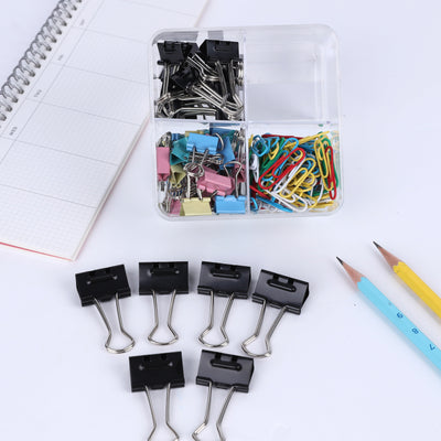 BRUSTRO Assorted Clip Box | Includes 120 Paper Clips-28mm & 56 Binder Clips (25mm- 6 pcs| 19mm- 15 pcs| 15mm- 35pcs) | Home, Office, Stationery use, Ideal for Students and Adults, Reusable, Flexible