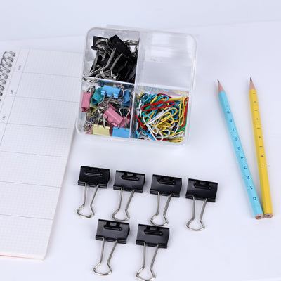 BRUSTRO Assorted Clip Box | Includes 120 Paper Clips-28mm & 56 Binder Clips (25mm- 6 pcs| 19mm- 15 pcs| 15mm- 35pcs) | Home, Office, Stationery use, Ideal for Students and Adults, Reusable, Flexible
