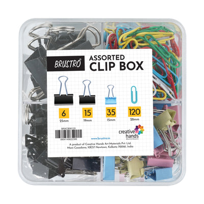 BRUSTRO Assorted Clip Box | Includes 120 Paper Clips-28mm & 56 Binder Clips (25mm- 6 pcs| 19mm- 15 pcs| 15mm- 35pcs) | Home, Office, Stationery use, Ideal for Students and Adults, Reusable, Flexible