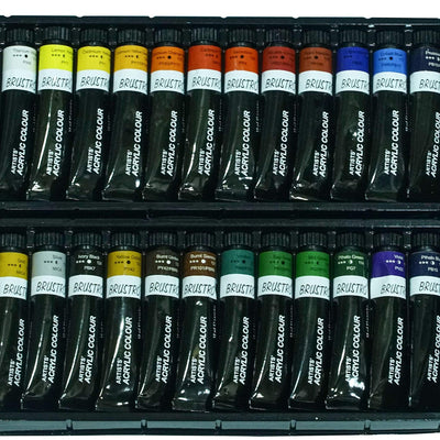 BRUSTRO Acrylic Paint Set of 24, Multicolour 12ml Tubes with Acrylic Papers 400 GSM A5, (Contains 18 + 6 Free Sheets) and VelveTouch Artist Brushes set of 6
