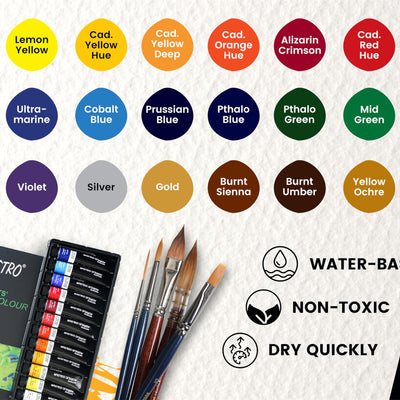 BRUSTRO Acrylic Paint Set of 24, Multicolour 12ml Tubes with Acrylic Papers 400 GSM A5, (Contains 18 + 6 Free Sheets) and VelveTouch Artist Brushes set of 6