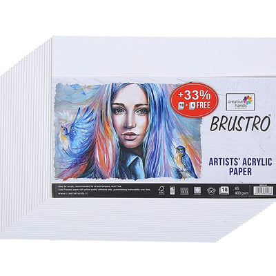 BRUSTRO Acrylic Paint Set of 24, Multicolour 12ml Tubes with Acrylic Papers 400 GSM A5, (Contains 18 + 6 Free Sheets) and VelveTouch Artist Brushes set of 6