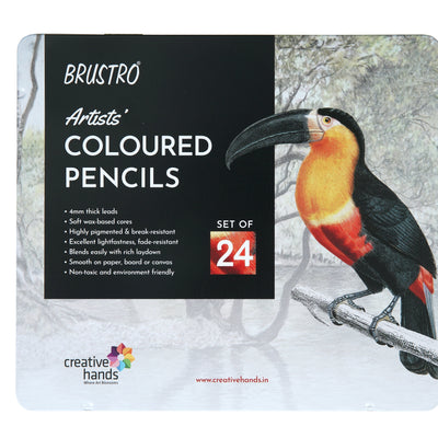 BRUSTRO Artists Colour Pencil | Set of 24 (in an Elegant tin Box) | Ideal for Students,Adults, Bright,Vibrant shades,Break & Fade resistant, DIY Art,Highly Pigmented, School, Portrait, Coloring