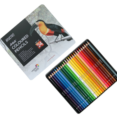 BRUSTRO Artists Colour Pencil | Set of 24 (in an Elegant tin Box) | Ideal for Students,Adults, Bright,Vibrant shades,Break & Fade resistant, DIY Art,Highly Pigmented, School, Portrait, Coloring