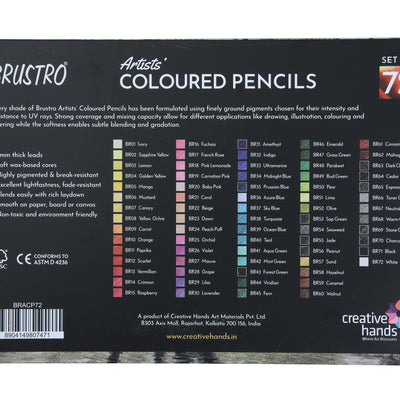 BRUSTRO Artists Colour Pencil | 6B, Set of 72 (in an Elegant tin Box) | Ideal for Students,Adults,Multiple Colors,Bright,Vibrant,Fade Resistant,DIY Art,Highly Pigmented, School, Safe use for Children