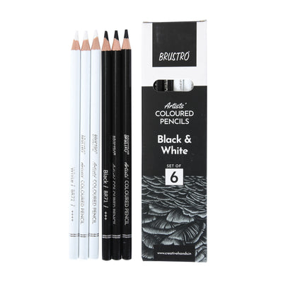 BRUSTRO Artists Coloured Pencils | Black & White | Set of 6 ( 3 Whites and 3 Blacks ) | Ideal for Students and Adults, Color, Sketching, Shading, Drawing, Blending, Mandala Art, School, Office Use